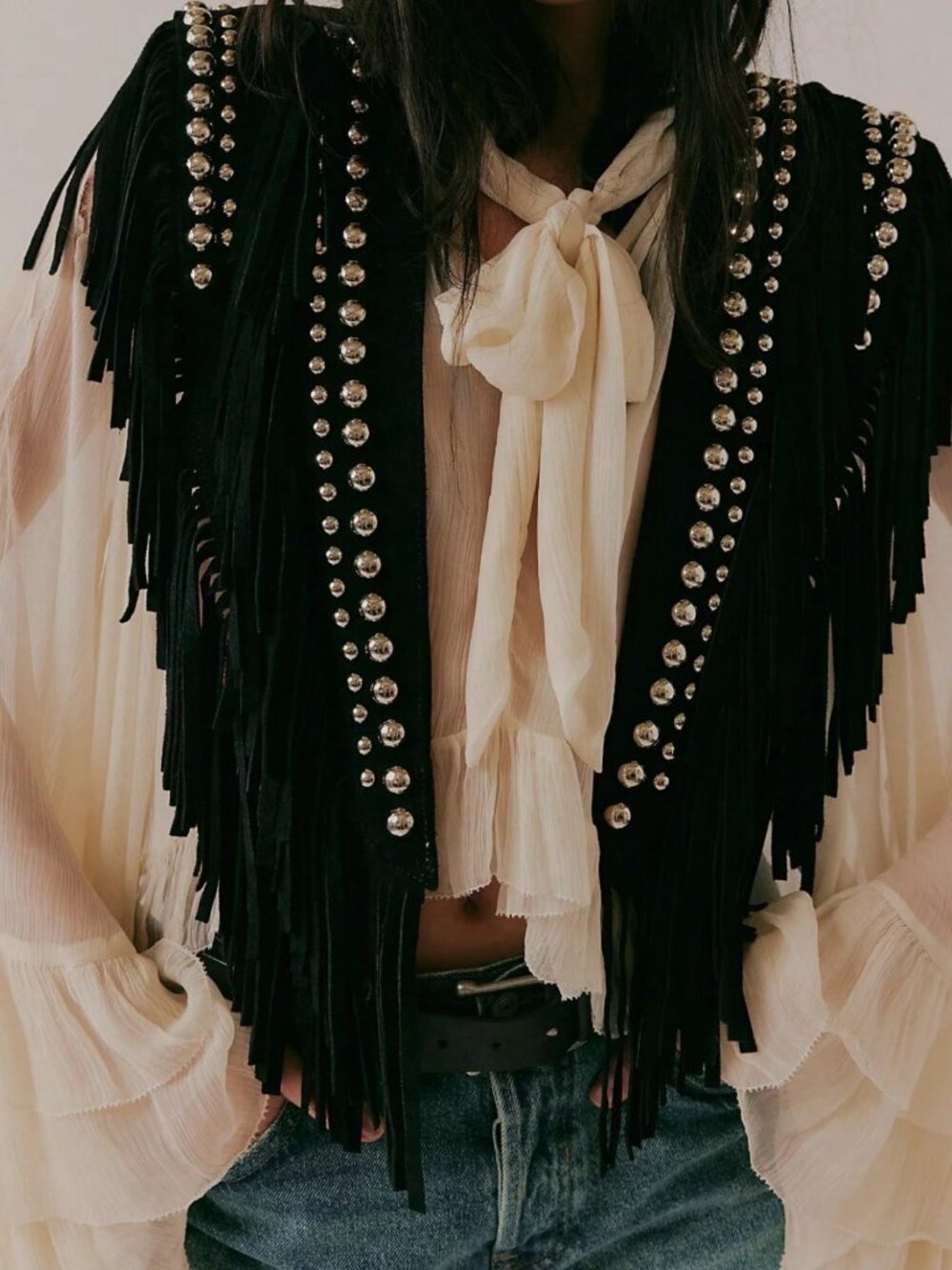 Black Casual Women's Fringe Studded Puff Sleeve Loose Fit Shawl Jacket Cardigan